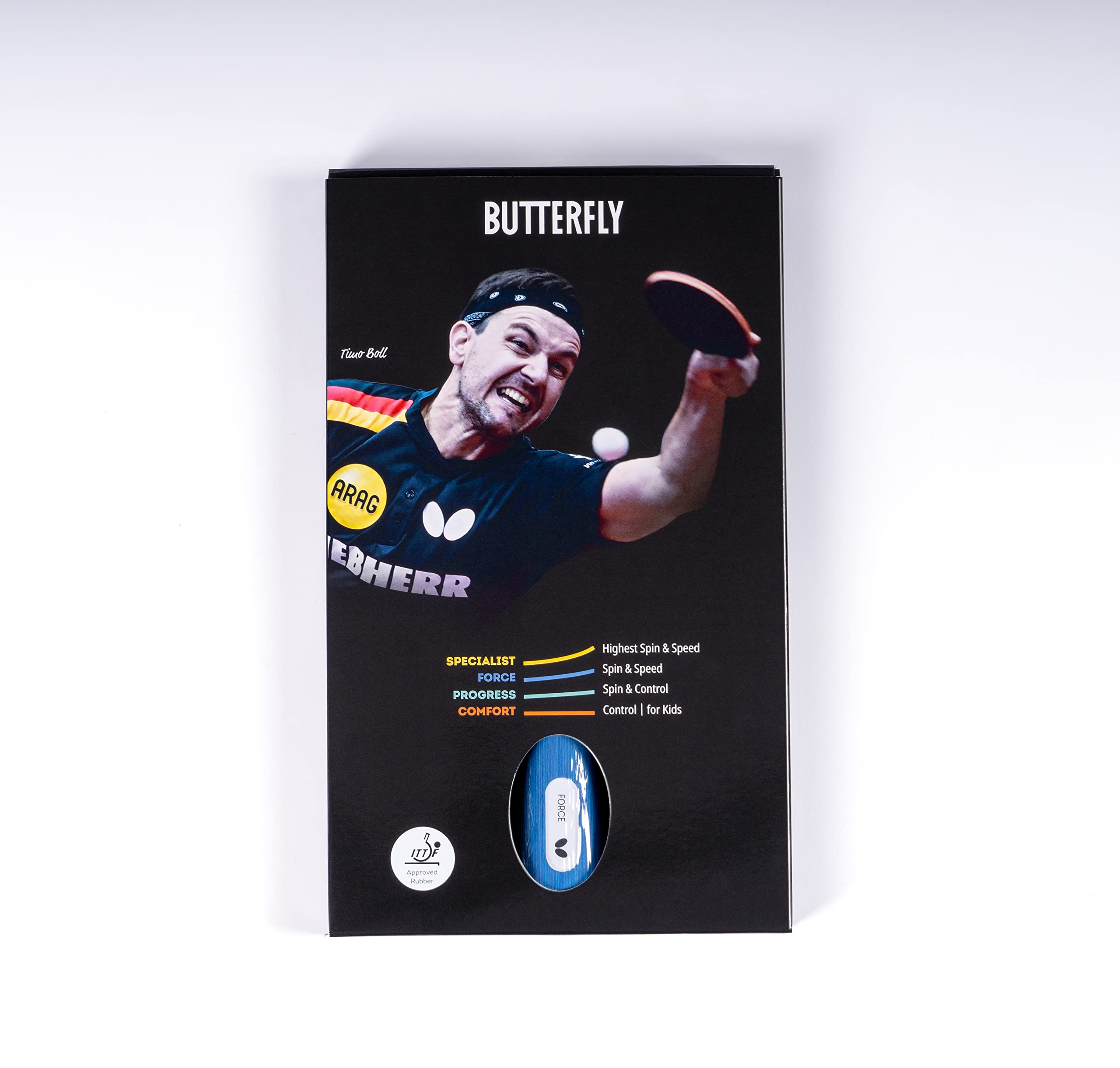 Butterfly Raquette de Tennis de Table Force | Raquette de Tennis de Table Professionnelle pour Joueurs avancés et compétiteurs | Revêtements homologués ITTF Noir/Rouge | Surface très adhérente