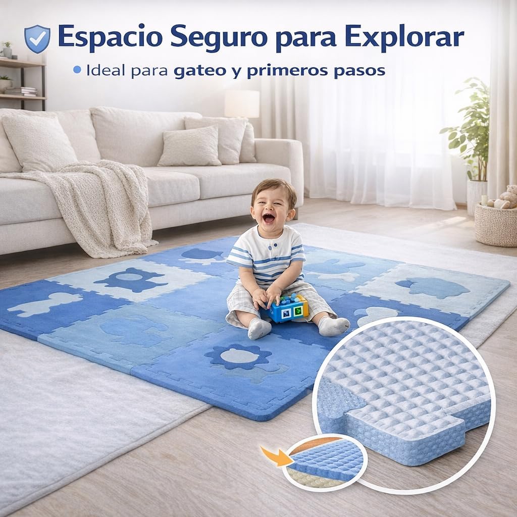 Children's EVA Foam Puzzle Mat, Blue, 185 x 185 cm, 9 Pieces, 1.2 cm Anti-Shock, Animal Theme, Educational