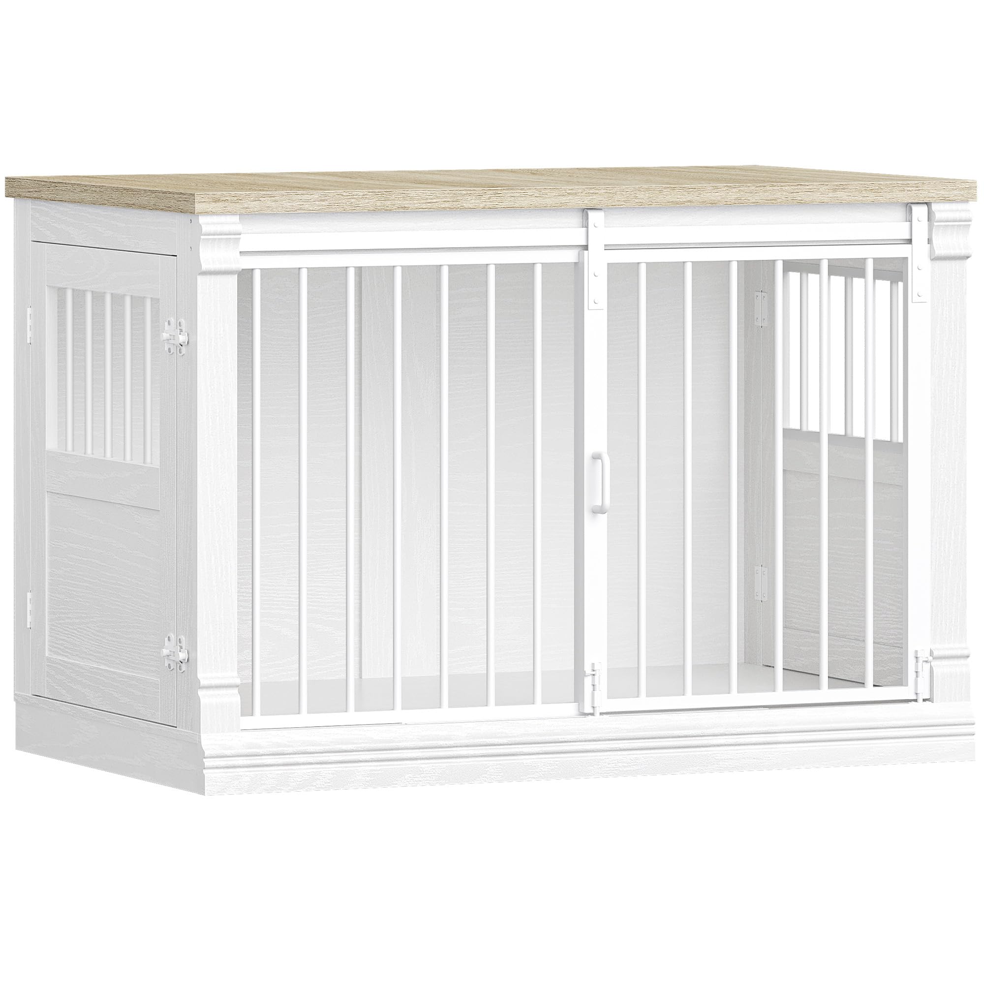 HEXCELEN 101cm Jaula para Perros, Mueble Mascotas Interior, Jaula Perro Grande para Casa de Madera, 3 Puertas, Mesa Auxiliar, Apto para Perros Medianos, 101 x 60,5 x 70 cm, Roble Blanco y Blanco