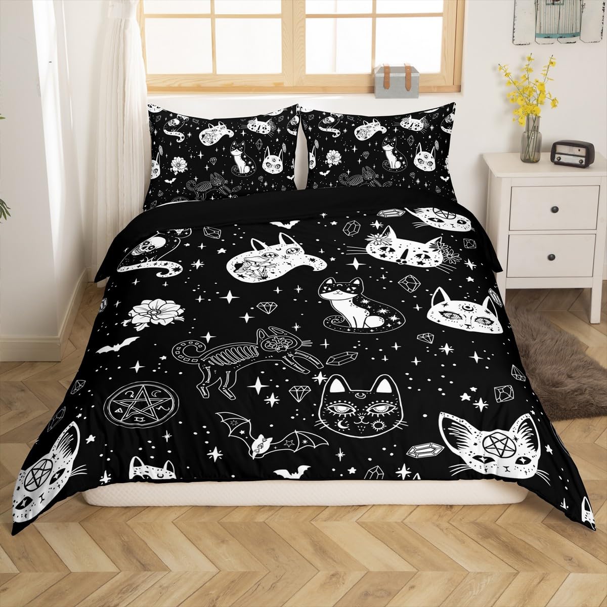 Cat Skeleton Duvet Cover Set King Size Halloween Theme Gothic Bedding Set for Kids Teens Room Decor Galaxy Starry Comforter Cover Pet Animals Flower Quilt Cover,2 Pillowcases,No Comforter