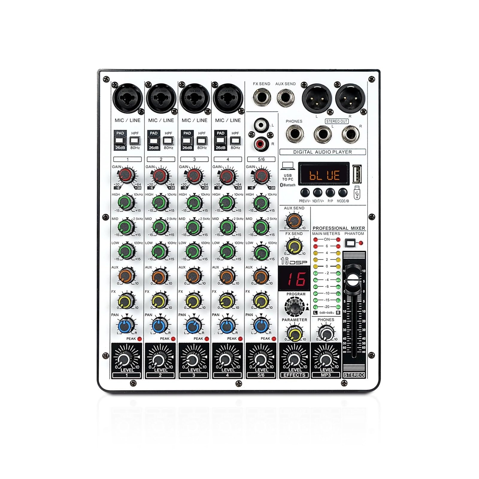 Audio Mixer, 6-Channel Audio Mixer, DJ Mixer with USB Audio Interface, Function, 16 DSP Effects, and 3-Band EQ (ARMX-6)