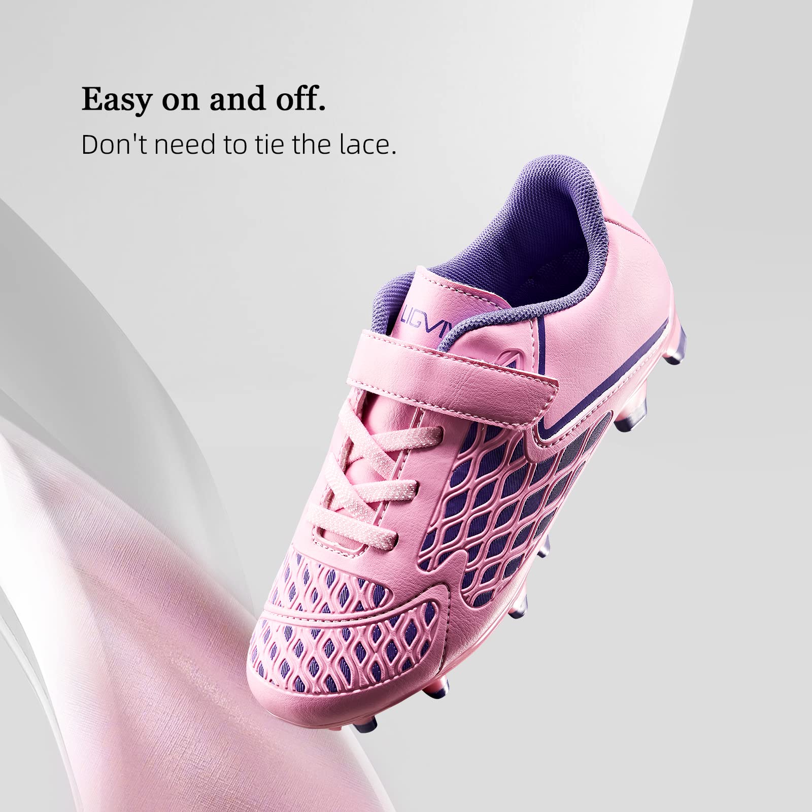 LIGVIV Girls Soccer Cleats - Laceless Kids Football Shoes - Pink and Purple - Outdoor Firm Ground - 11 Little Kid…