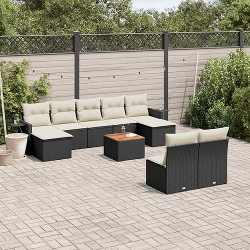 10 Piece Garden Sofa Set in Black and Cream White, Modern Outdoor Furniture with Modular Seating, Water-Resistant PE Rattan and Polyester Cushions,