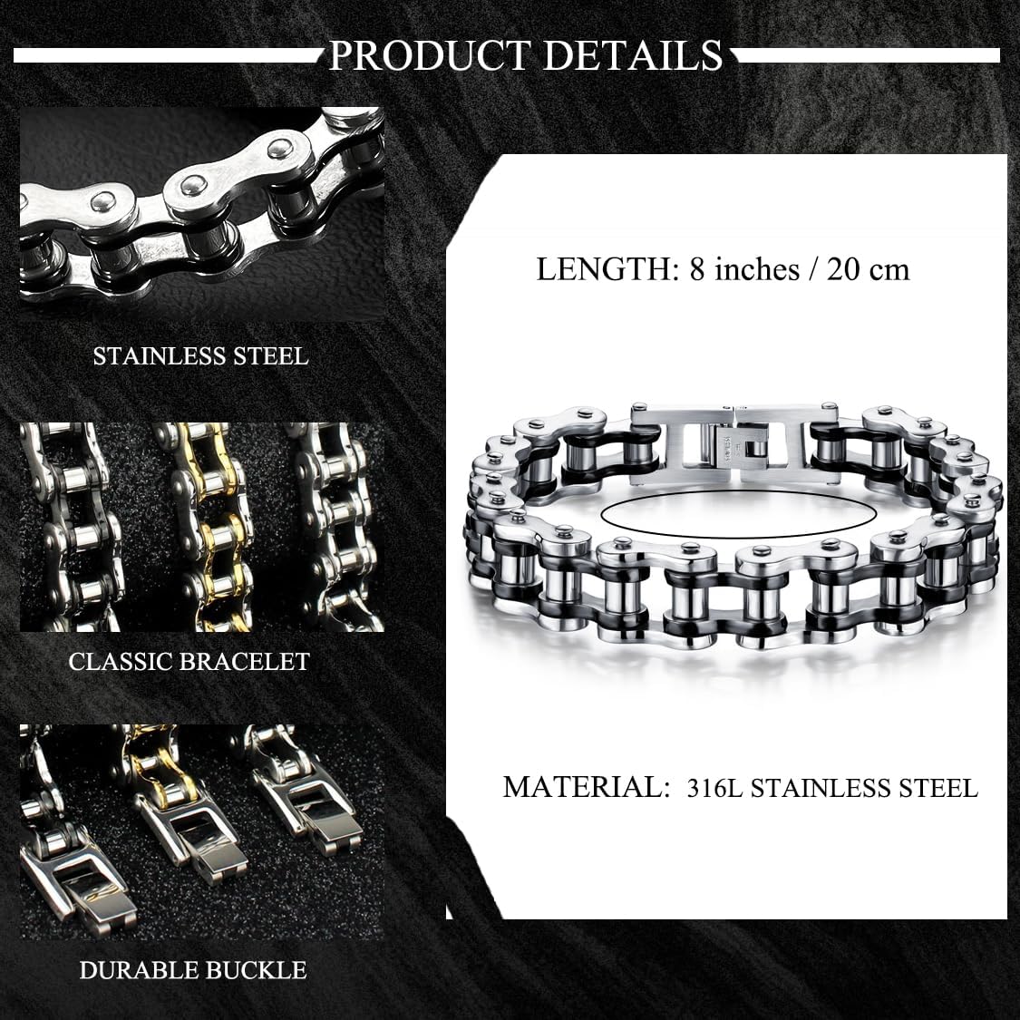 Men's Bracelet Stainless Steel Motorcycle Bike Chain Bracelet Polished 8 Inches - Image 5