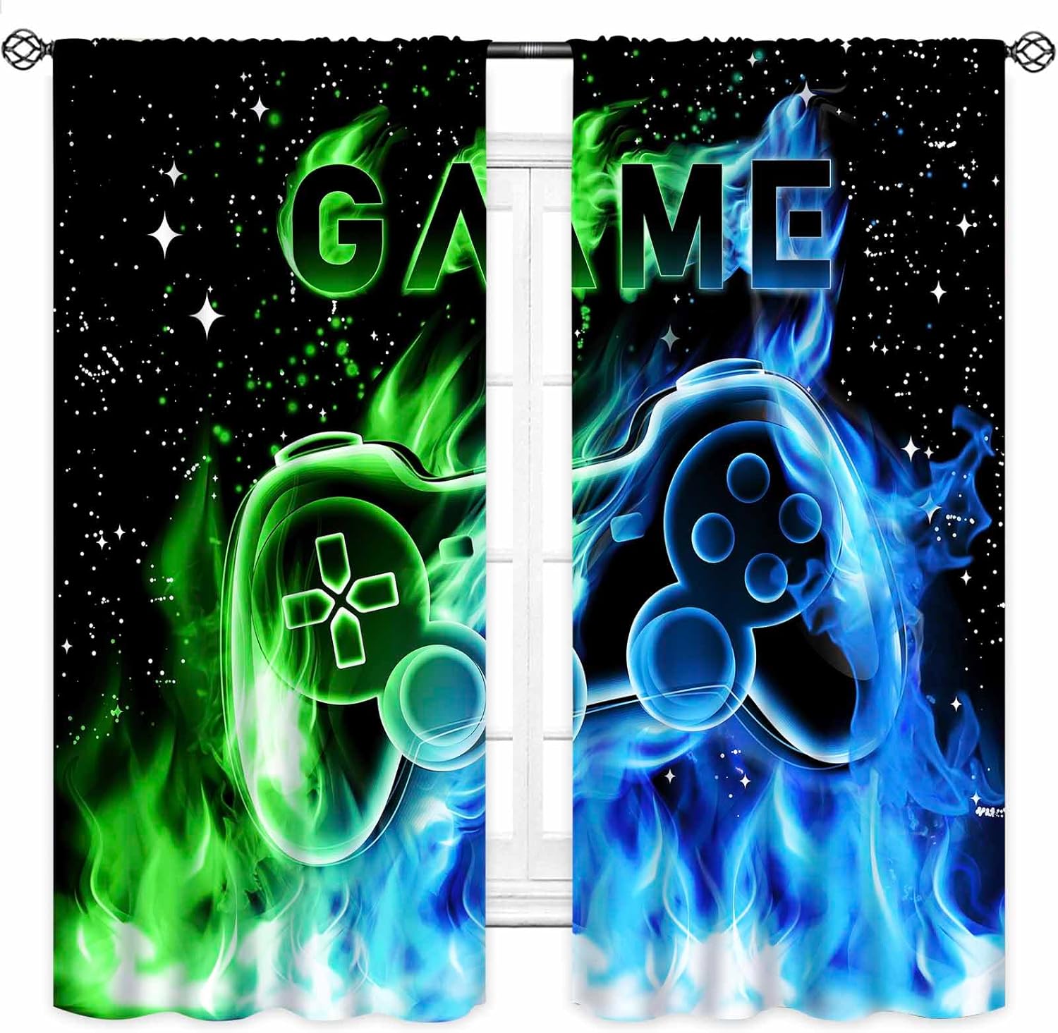 Gamer Curtains for Boys Room,Blue Flame Video Gamer for Boys Kids Teen Bedroom Window Treatment,Outer Space Gaming Game Controller Nursery Living Room Drapes 2 Panel Sets,55X63 Inch