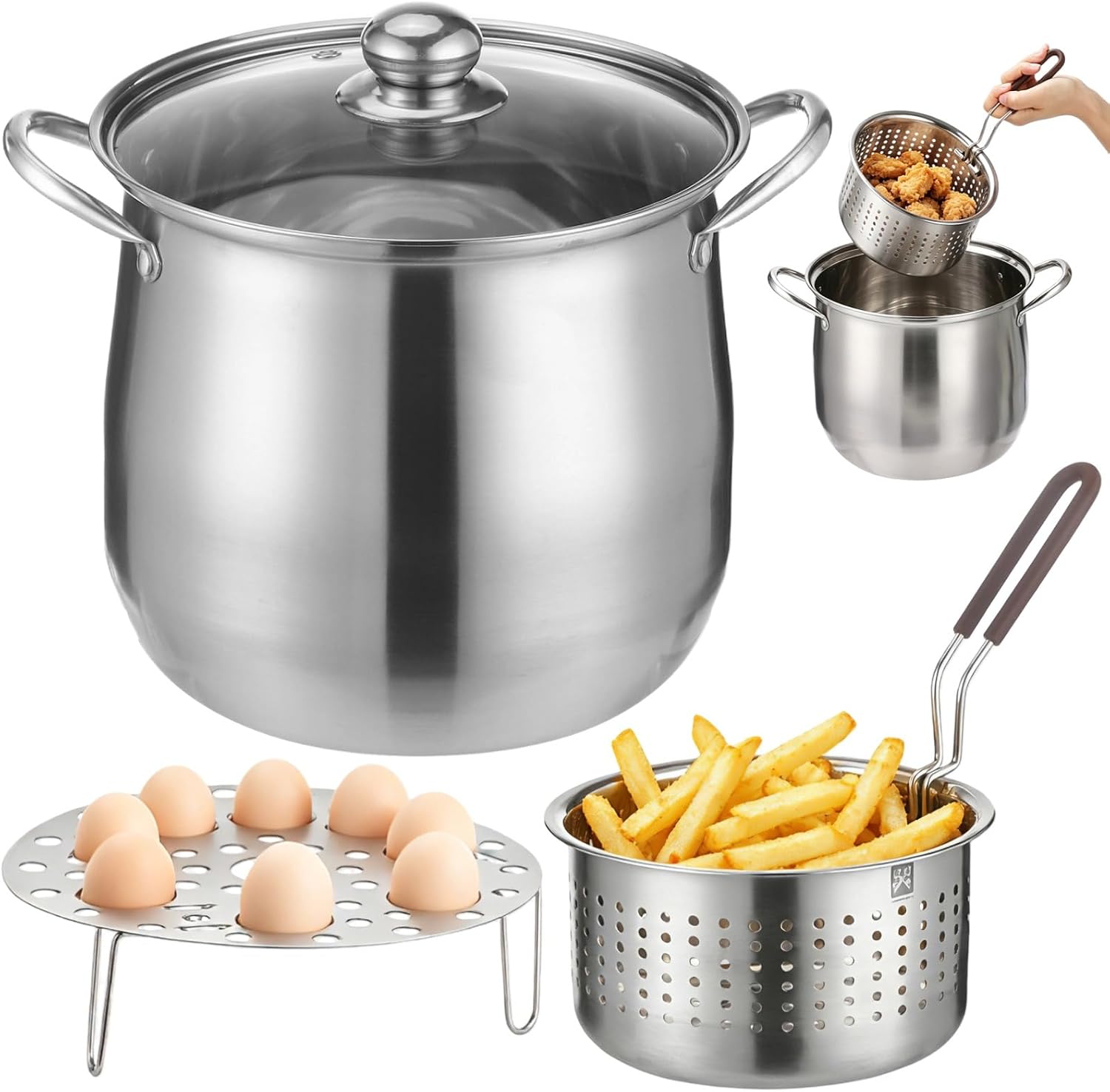 Deep Fryer Pot with Basket and Lid,6L/6.5QT 304 Stainless Steel Large Capacity Multi-function Cooking Pot with Strainer Basket & Egg Steam Rack, Frying Boiling Set for French Fries Chicken,Kitchen