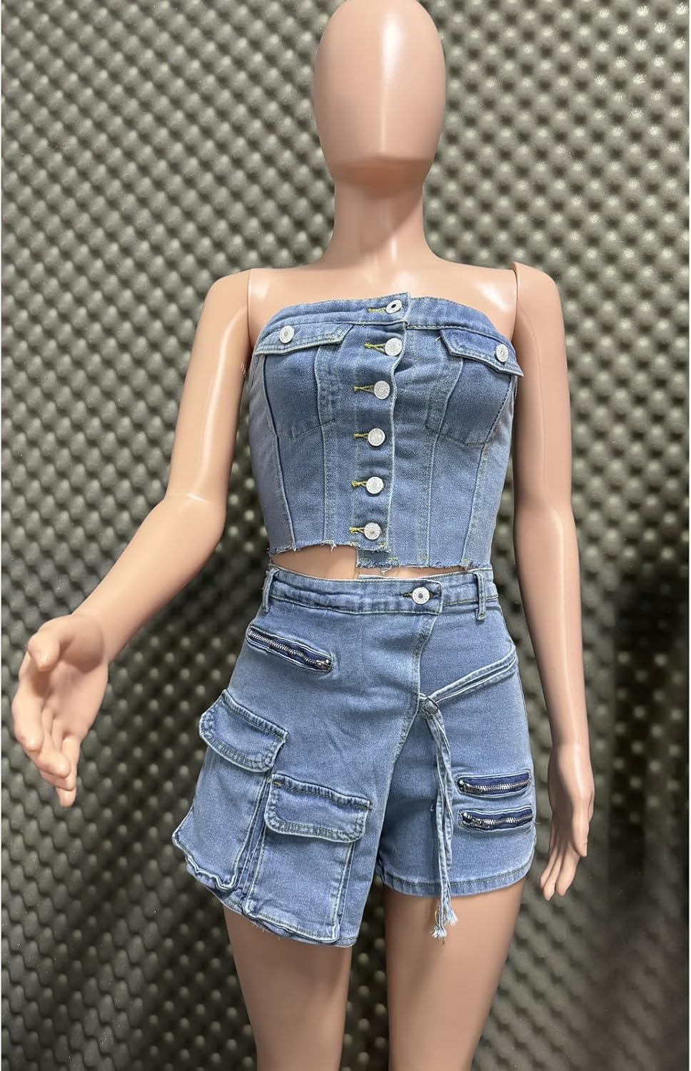 Molilove Women's Denim 2 Piece Outfits Button Tube Top and Cargo Shorts with Pockets Summer Sexy Jeans Shorts Set Tracksuits - Image 4