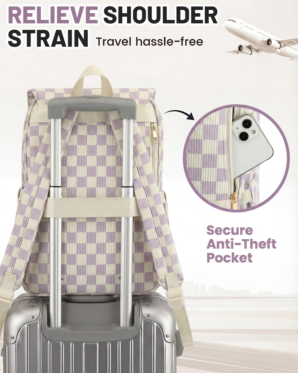 Corduroy Laptop Backpack for Women, Fits 15.6 Inch Computer Bag, College High School Bookbag Travel Daypack Purse, Work Business Bags - Corduroy Checkered Purple - Image 5