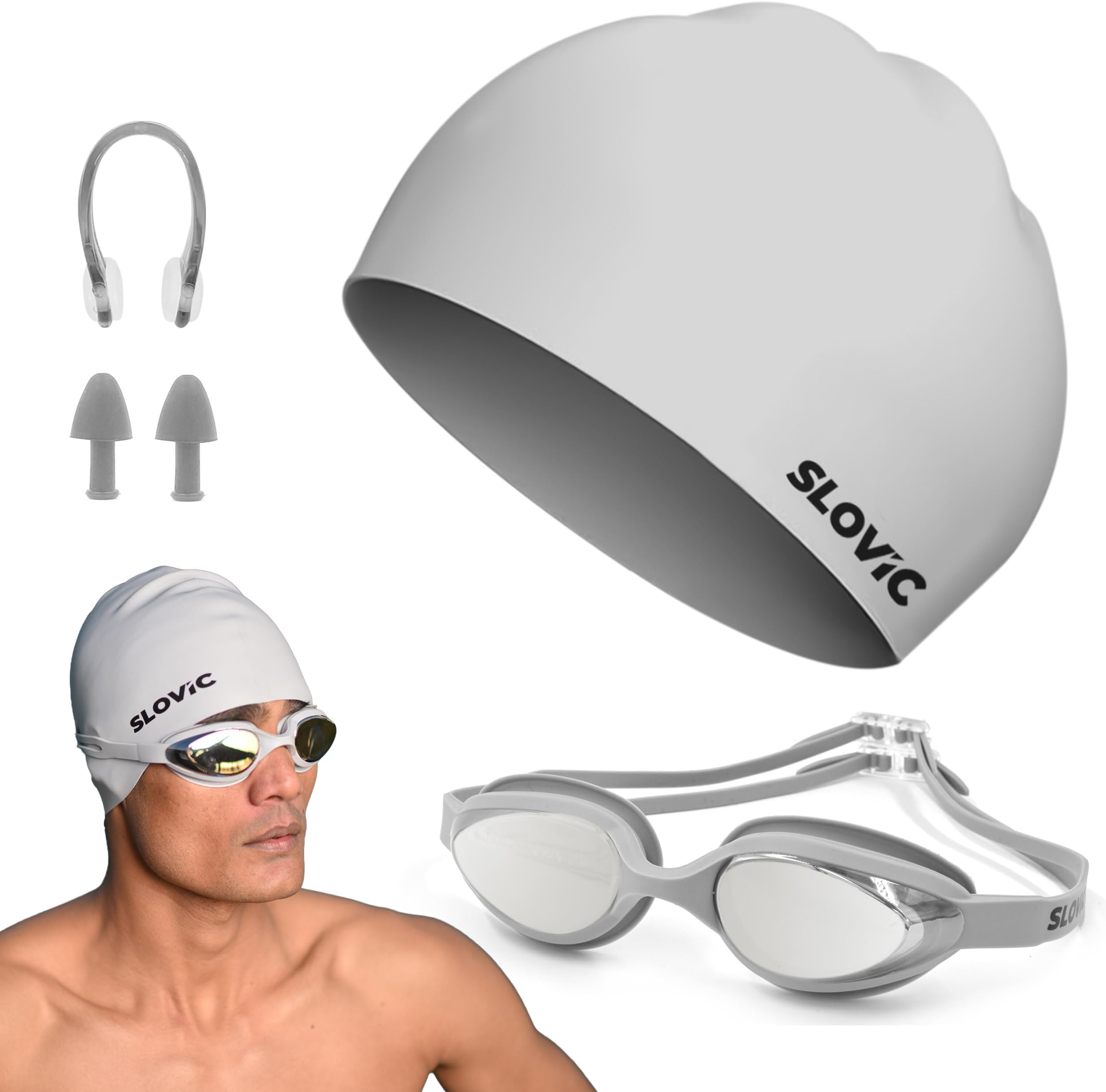 - SLOVIC Swimming Goggles & Cap Combo | Anti-Fog Goggle's for Men | Swimming Cap for Men | UV Protected Swimming Goggles for Women with Adjustable Straps | Unisex Swimming Accessories [Grey]