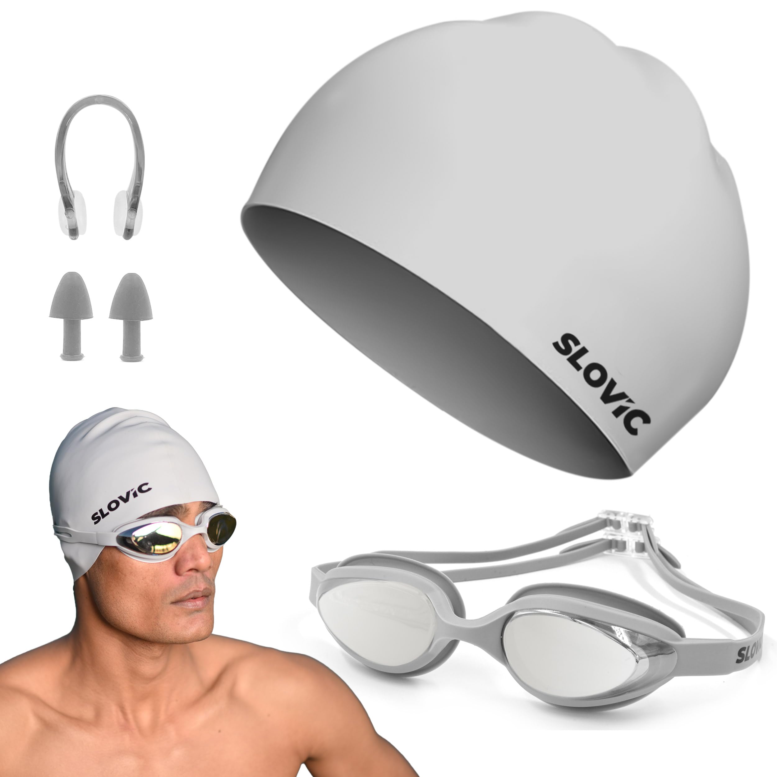 Slovic Swimming Goggles & Cap Combo | Anti-Fog Goggle's for Men | Swimming Cap for Men | UV Protected Swimming Goggles for Women with Adjustable Straps | Unisex Swimming Accessories [Grey]-image-38