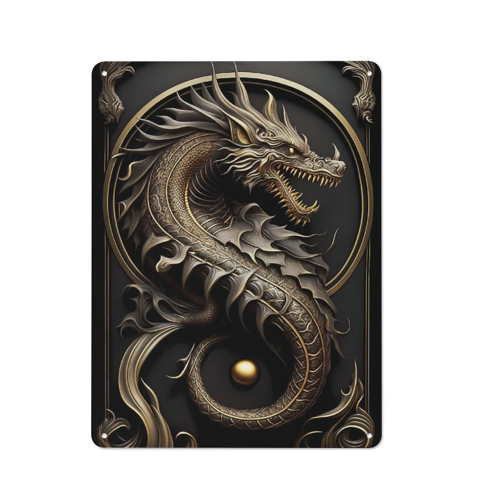 Junmoney Style-19 Tin Wall Plaque 40X30cm With Dragon Protector Art Deco For Home Office Or Studio, For Garage, Workshop And Man Cave Decoration