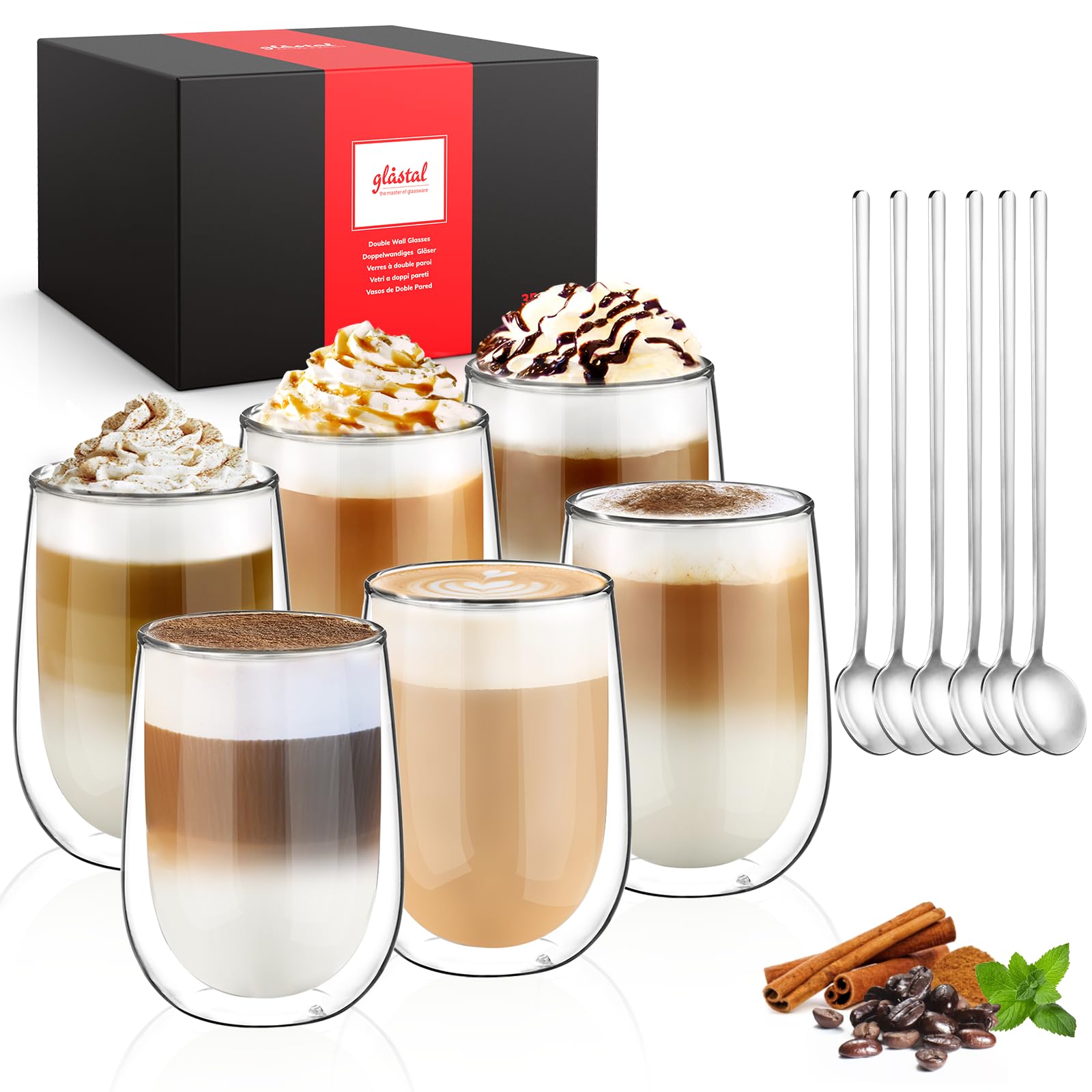 glastal 350ml*6 Glass Coffee Cups, Double Wall Transparent Glasses, Borosilicate Glass Cups for Coffee Milk Tea Latte Macchiato and More