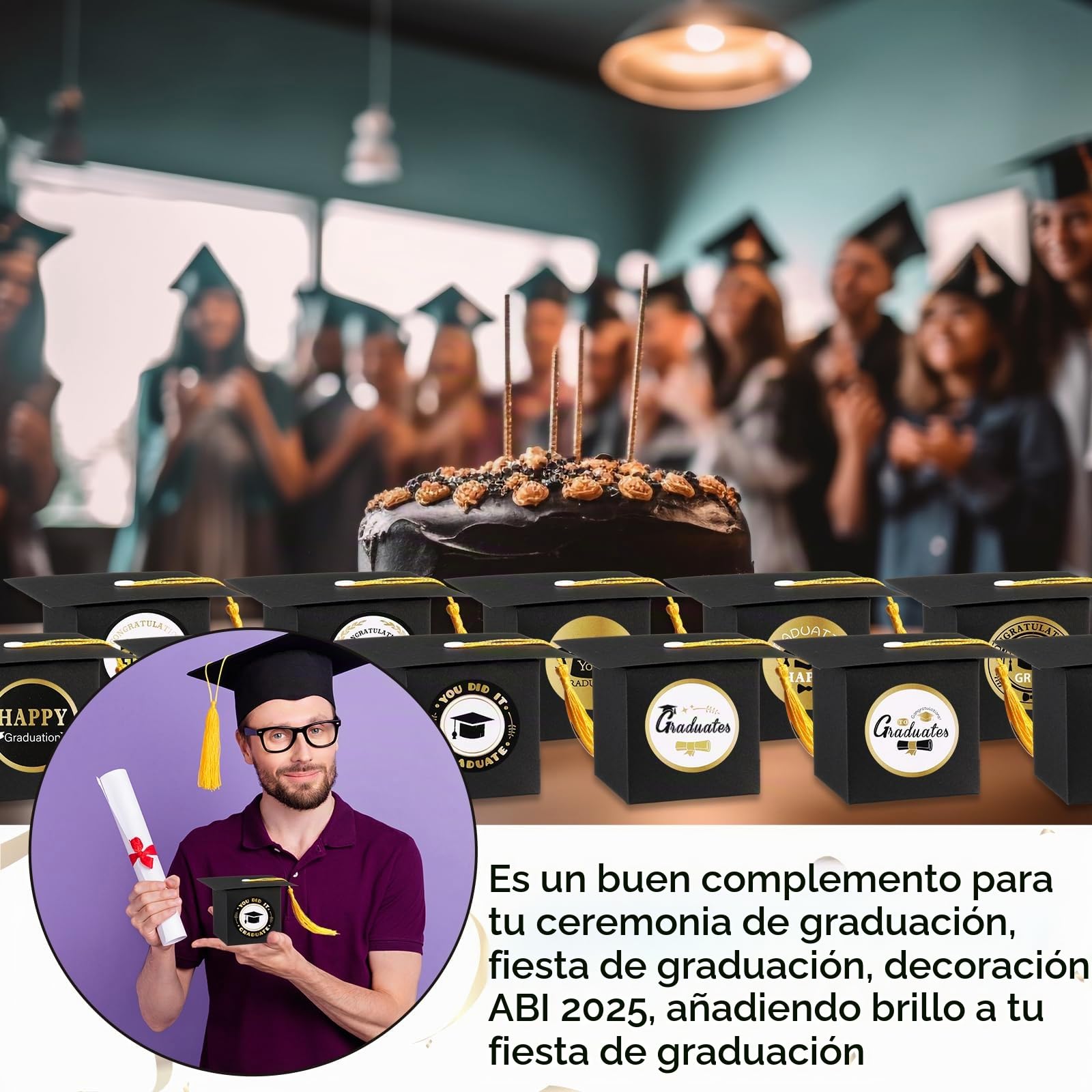 Sinmoe 36 Piezas Cajas Regalo Graduación en Forma de Birrete con Borlas Amarillas y 36 Pegatinas, Cajitas para Chuches y Recuerdos de Graduación ABI 2026