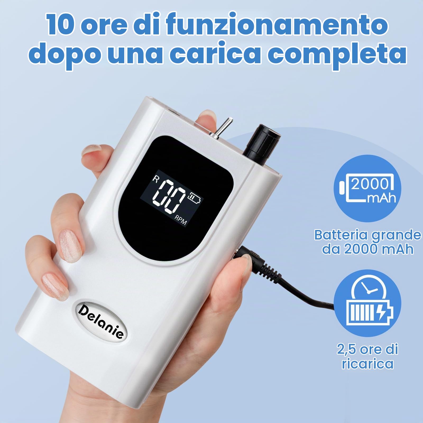 Delanie Fresa per Unghie Professionale, Portatile e Ricaricabile 35000 Giri a Display LED per Manicure e Pedicure, Trapano Elettrico per Unghie Gel/Smalto Velocità Regolabile Bianco