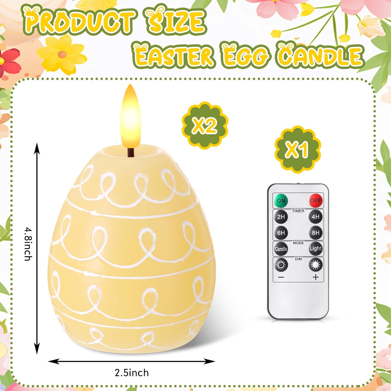 Baquler 2 Pcs Easter Egg Flameless Candles with Timer Egg Shape LED Candle Real Wax Battery Operated Flickering LED Candles Gift No Battery for Easter Party Living Room Home Decor (Yellow)