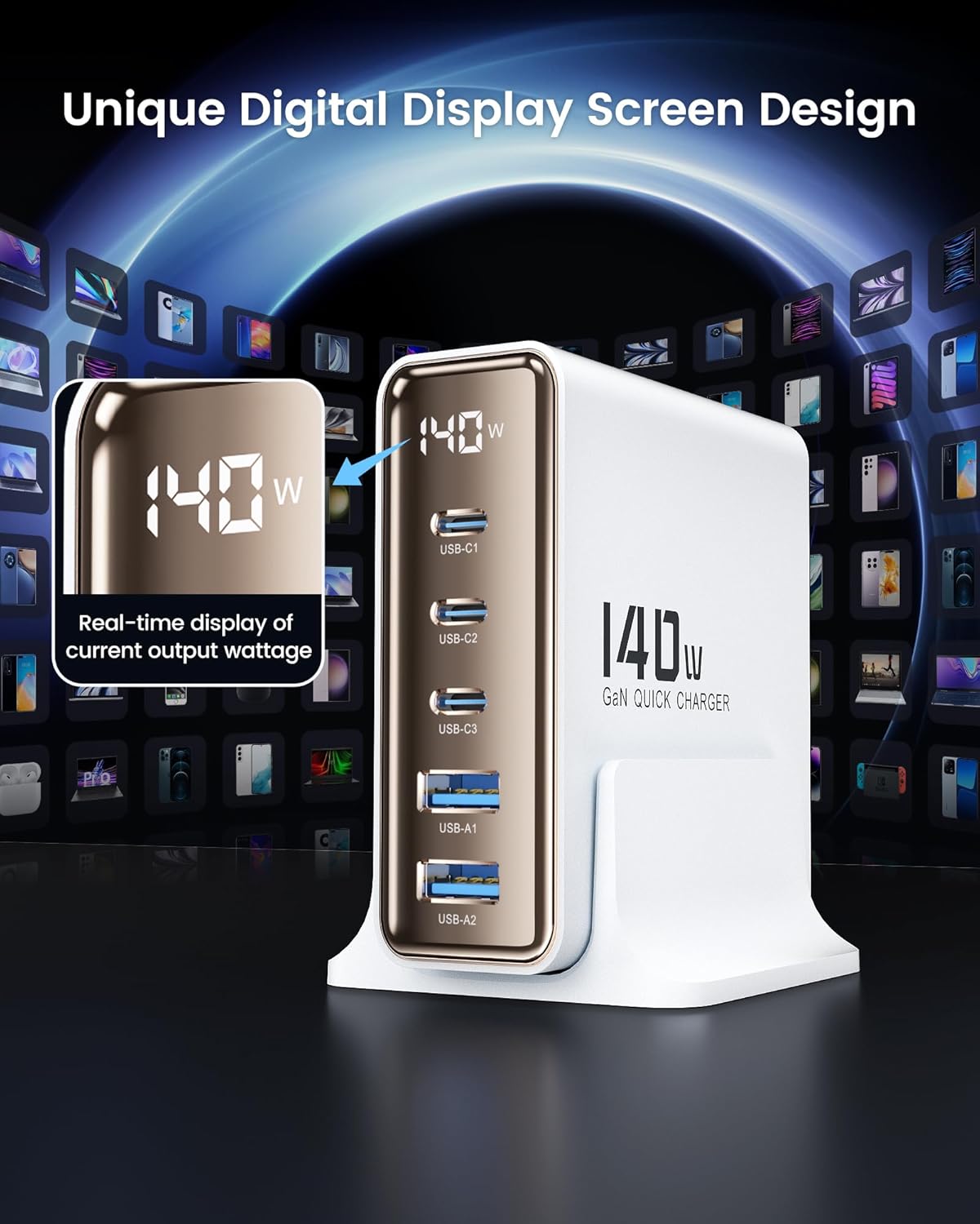 toocki 140W charger with digital display showing 140W output