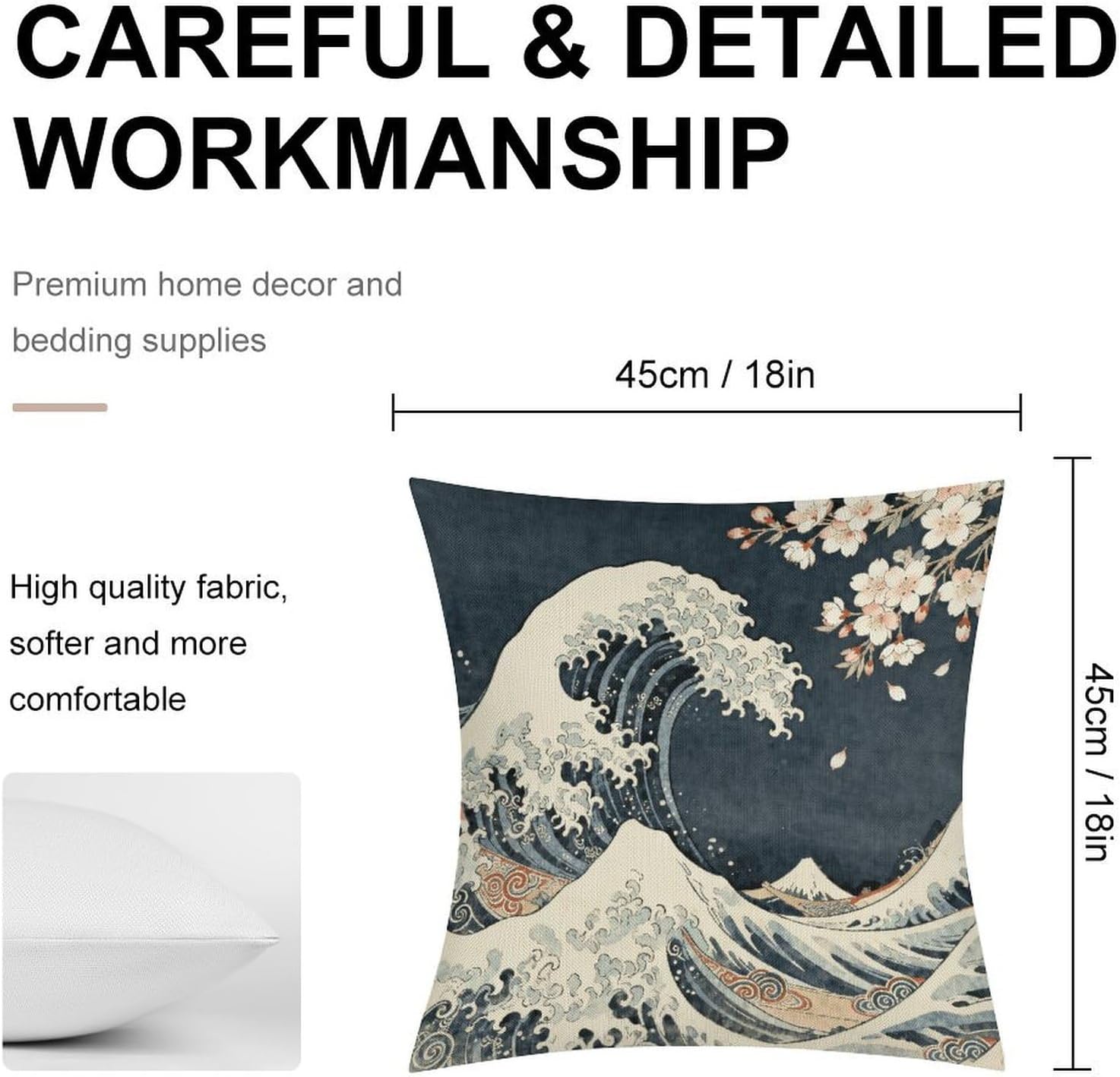 Japanese Wave Cherry Blossoms Pillow Protectors Cute Waterproof Pillow Cover Soft Skin-Friendly Cushion Case Decorative Square Cushion Cover for Couch Sofa Bed Living Room Bedroom