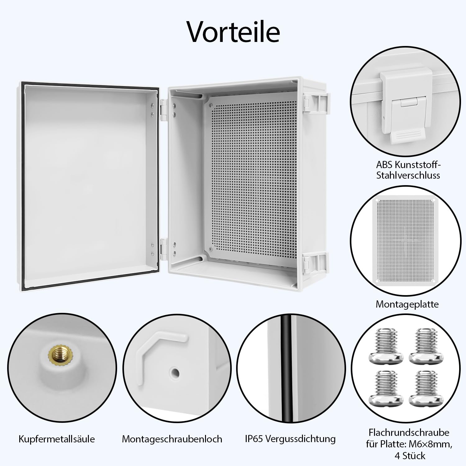 LeMotech Wasserdichte Verteilerkasten, IP65 Abzweigdose, ABS Kunststoff Gehäuse, mit Montageplatte, Wandhalterung, Scharnierdeckel und Wasserdichtem Anschluss, 400 × 300 × 180 mm, grauer Schaltkasten