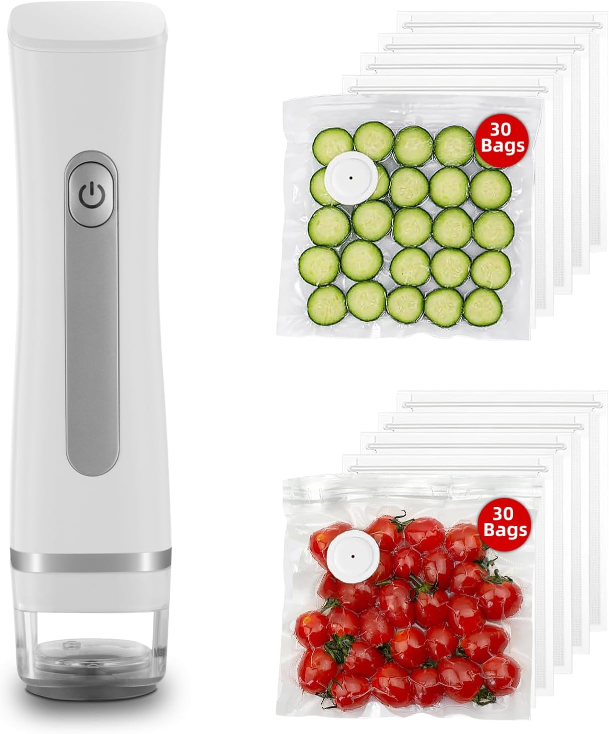 Compact Vacuum Sealer Machine for Food Preservation with 30 Reusable Vacuum Storage Freezer Bags, Portable Handheld Food Saver, Suitable for Meal Prep, Sous Vide Cook, Outdoor BBQ, Kitchen Leftover