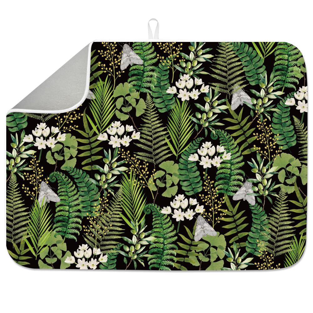 INFUNLY Fern Leaf Botanical Dish Drying Mat 17.7x23.6 Tropical Plant Floral Drying Mat Watercolor Greenery Moth Absorbent Pad Rustic Farmhouse Absorbent Towel for Table Countertop Sink Coffee Bar