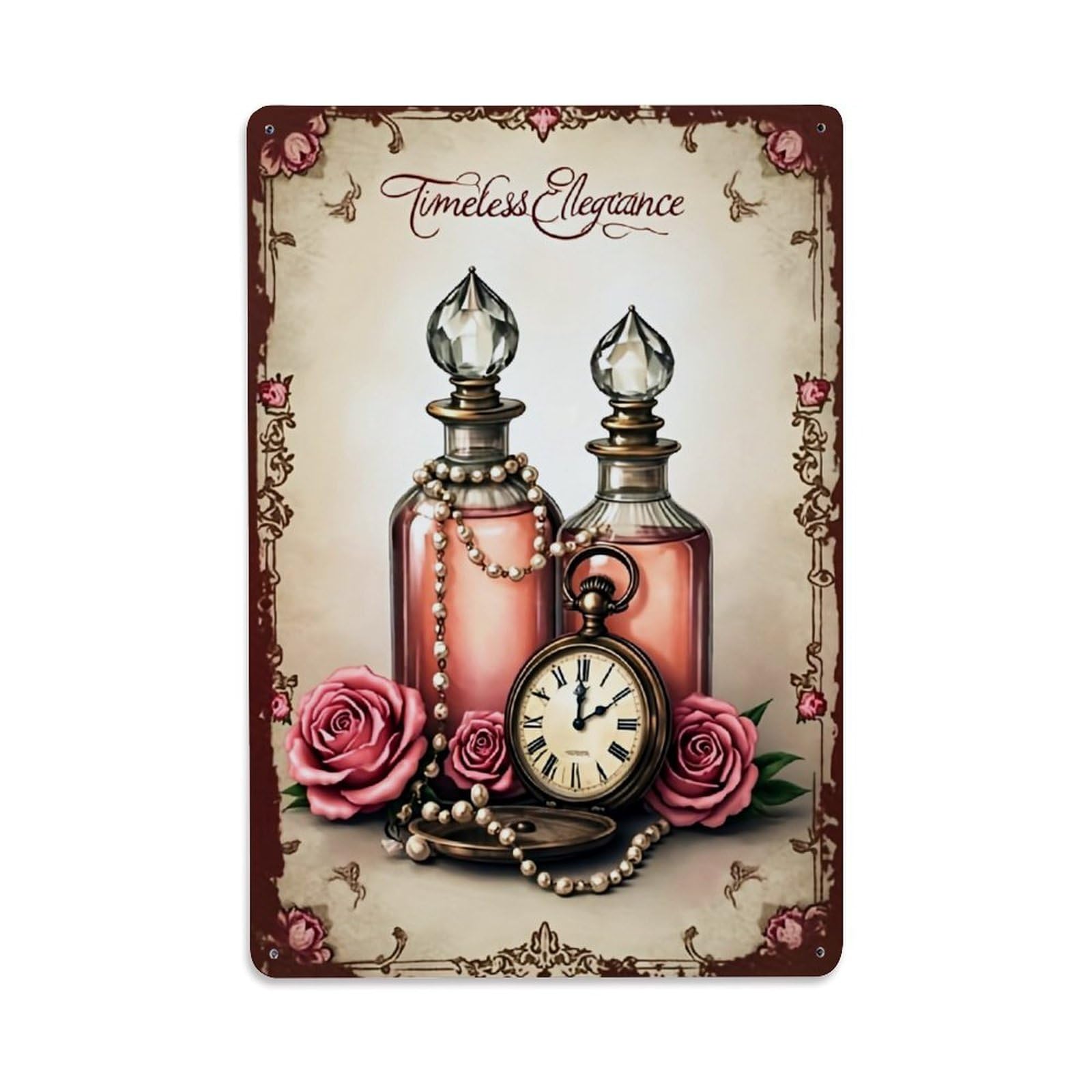 Jdfenggu Vintage Roses Pearls Clock Bottles Retro Metal Tin Sign, Decor Art Poster For Bar, Home, Man Cave, Kitchen, Laundry Room Gift 8X12inch