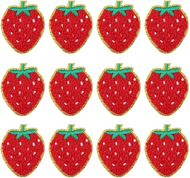 12 PCS Strawberry Patches Strawberry Iron On Patch Chenille Patch Cute Fruit Applique for DIY Clothes Dress Socks Shirts