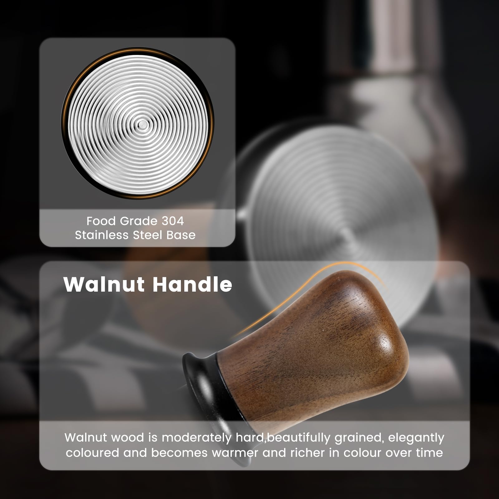 NOTSEK Tamper 58 mm, 30 lbs regulador de presión para café expreso, autonivelante, madera de nogal, calibrado, pluma de café con base de acero inoxidable para portafiltros de 58 mm