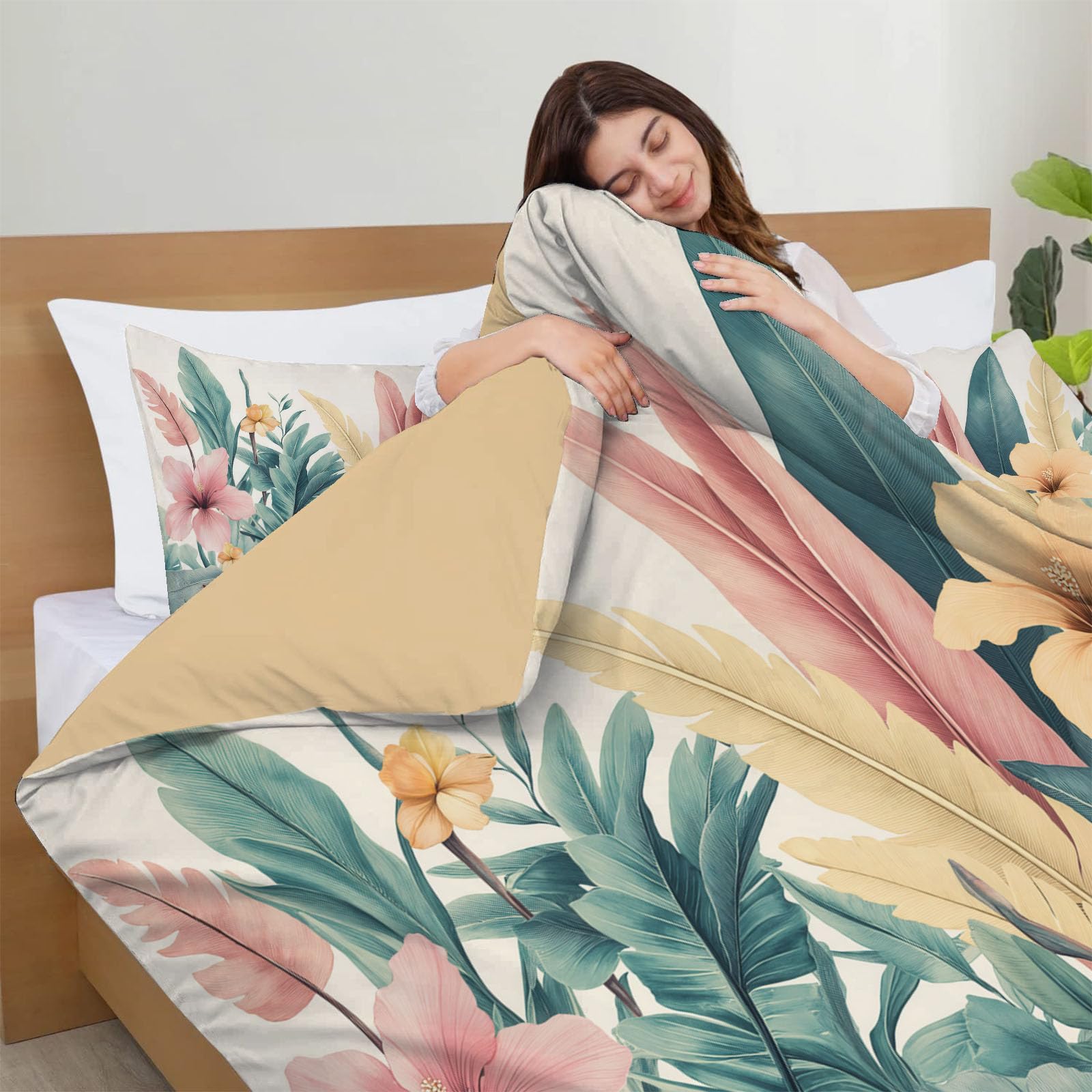 Piante tropicali Foglie di ibisco e banano - 100% Microfibra - Set Copripiumoni Matrimoniale 230x220cm con 1 federe 50 x 75 cm - Tessuto morbido e confortevole - Rosa Verde