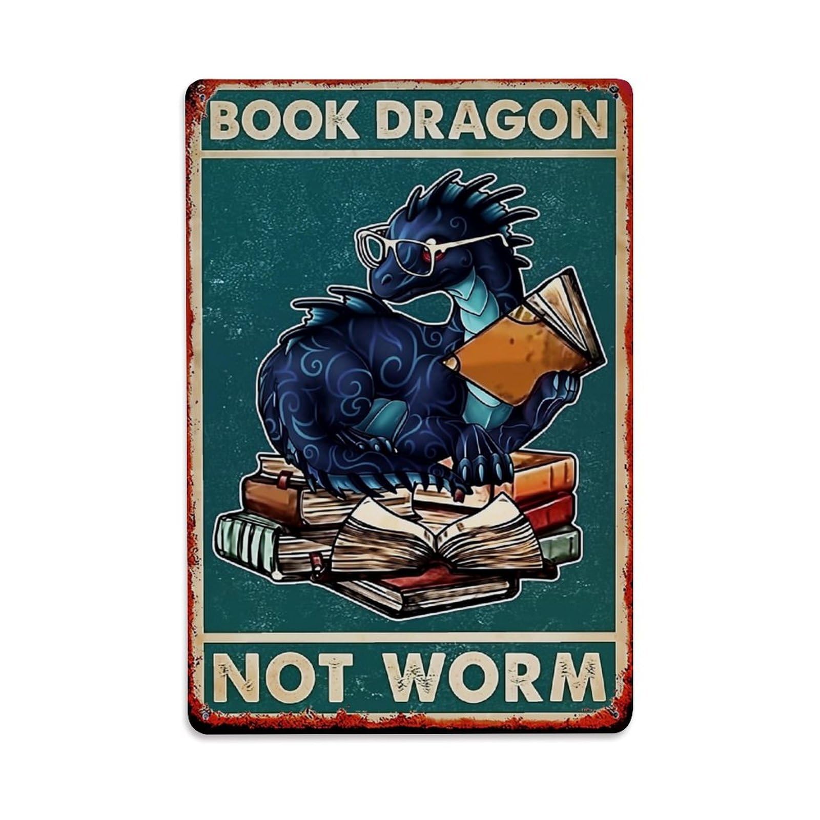 Bliveurn Vintage Book Dragon Not Worm Poster Retro Metal Tin Sign, Metal Poster For Home, Gaming Room, Studio Workshop,Bar,Garage Wall Art Decor 8X12 Inch