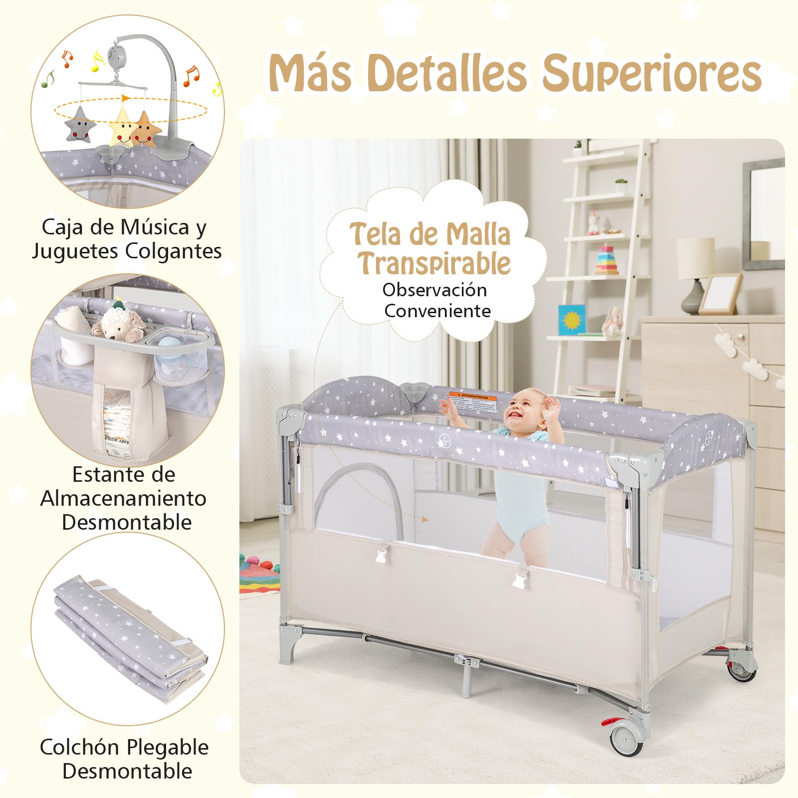 RELAX4LIFE 5 en 1 Cuna Infantil Bebe con 2 Ruedas Bloqueables, Cambiador, Correa Fijación, Caja de Música y 3 Juguetes Colgantes, Cuna con Colchón y Bolsa de Transporte para Bebés 0-36 Meses (Beige)