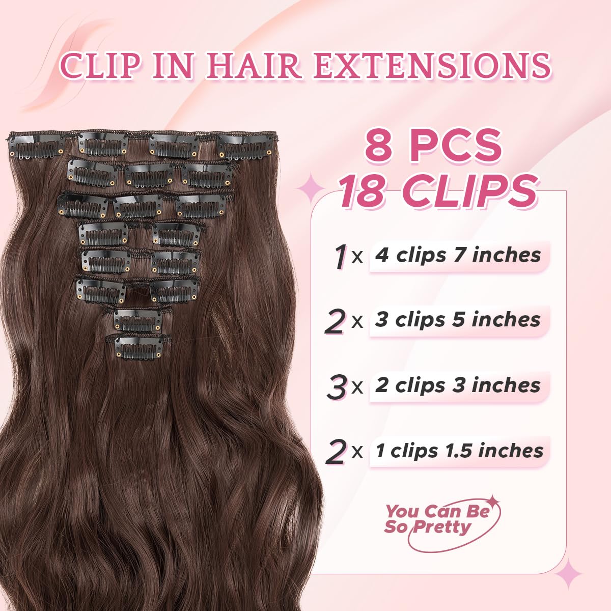 SEGO Pro Clip in Hair Extensions 8 Pcs 18 Clips Full Head Synthetic Fiber Hair Pieces for Women Curly 17 Inch (Natural Brown) - Image 2