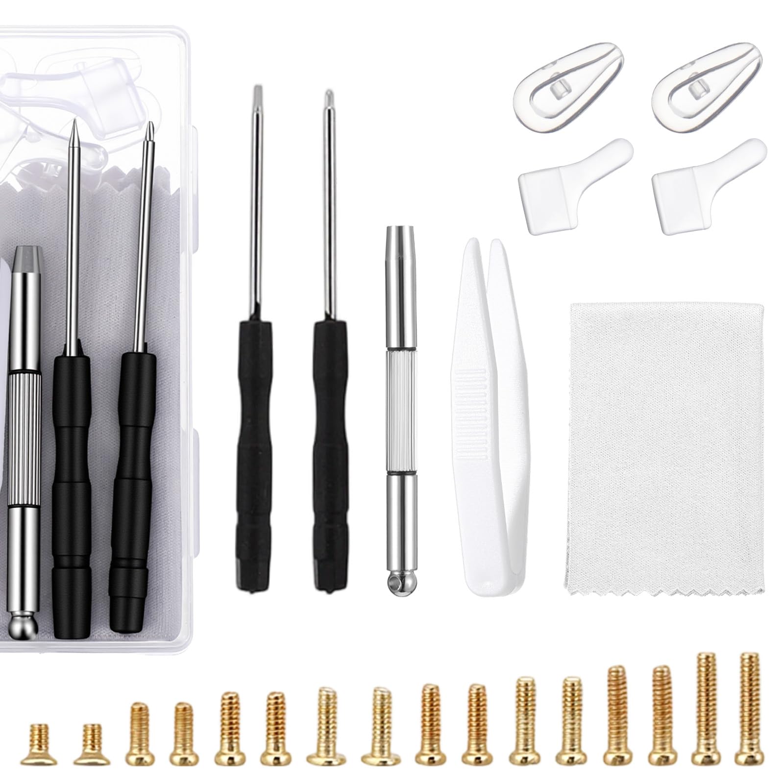 Eyeglass Repair Tool Kit with Screws, Eye Glass Repair Kit with Gold Eyeglass Screws, Nose Pads, Small Screwdriver, Tweezers, Glasses Fixing Kits for Glasses Sunglasses Watch Clock Repairs