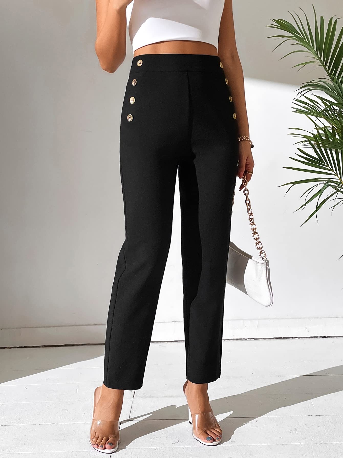 REDESYN Pants for Women Womens Pant High Waist Button Detail Pants Pants Color Black Size Medium