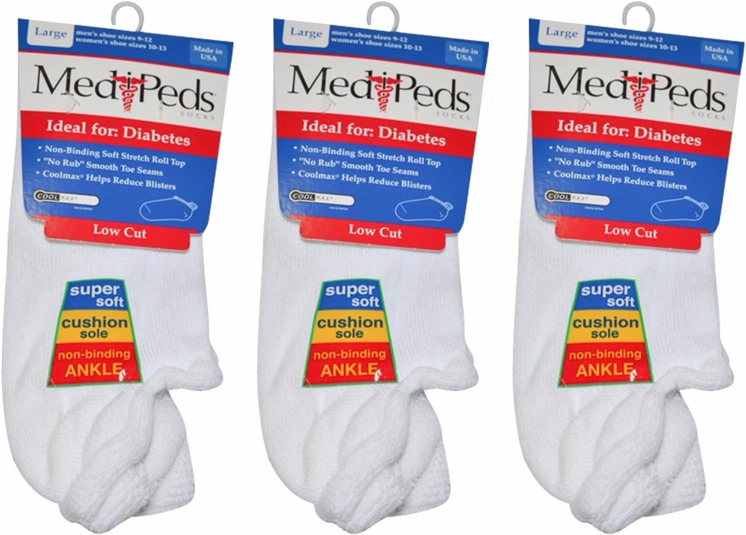 3 Pair Medipeds Socks Men's and Women's Full Cushion Roll Top Low Cut Large White