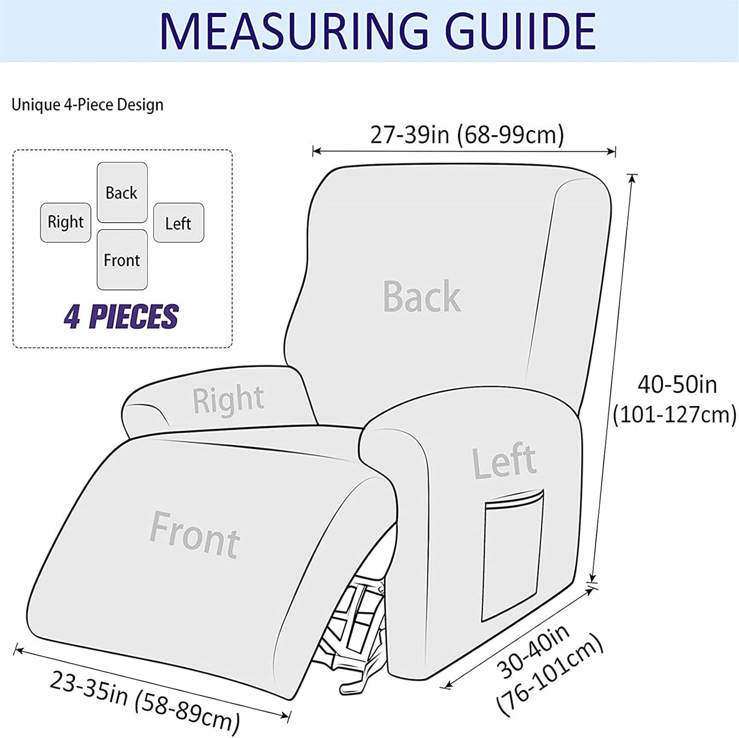 4-seat Stretch Recliner Chair Cover Relax Chair Slipcover Recliner Seat Cover with Pockets for Sofa(Light Green)