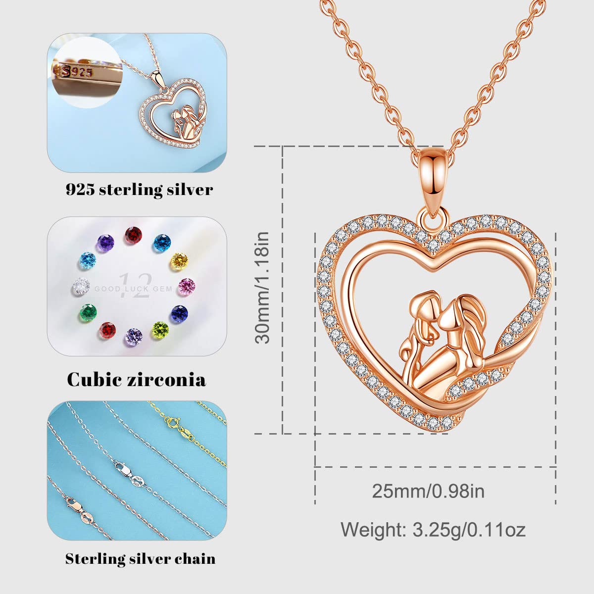 Collana Madre Bambina Argento Sterling 925 per Donna, Ciondolo Madre Figlia Doppio Cuore Gioielli Regalo Festa della Mamma per Mamma Moglie, Catena da 45 cm