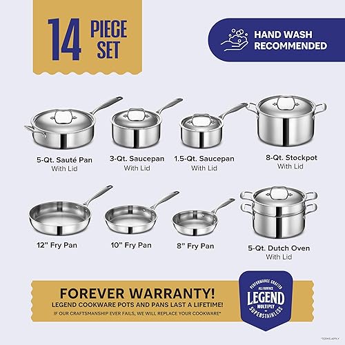 Miniatura 6 de Legend - Juego de utensilios de cocina de acero inoxidable de 5 capas 14 piezas el mejor juego de ollas y sartenes pesadas juego de sartenes y ollas