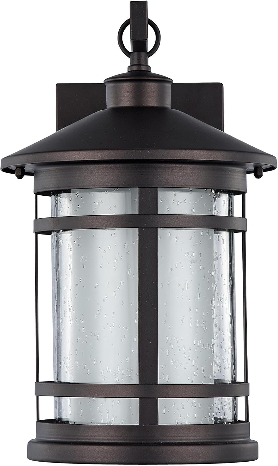 Pemberly Row Transitional Outdoor Wall Sconce, 14" Height, Rubbed Bronze Finish, Steel and Glass Construction, Clear and Etched Glass, 1-Light Downlight for Outdoor Settings