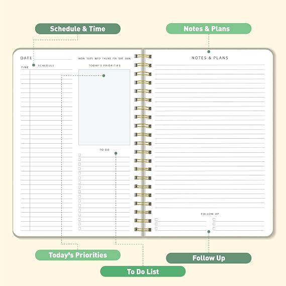 Sweetzer & Orange Daily Planner Notebook – Undated Two-Page Daily Layout with Hourly Schedule, To-Do List, Priorities, and Notes – 6.5 x 9.5 Spiral Bound Productivity Organizer – 160 Pages