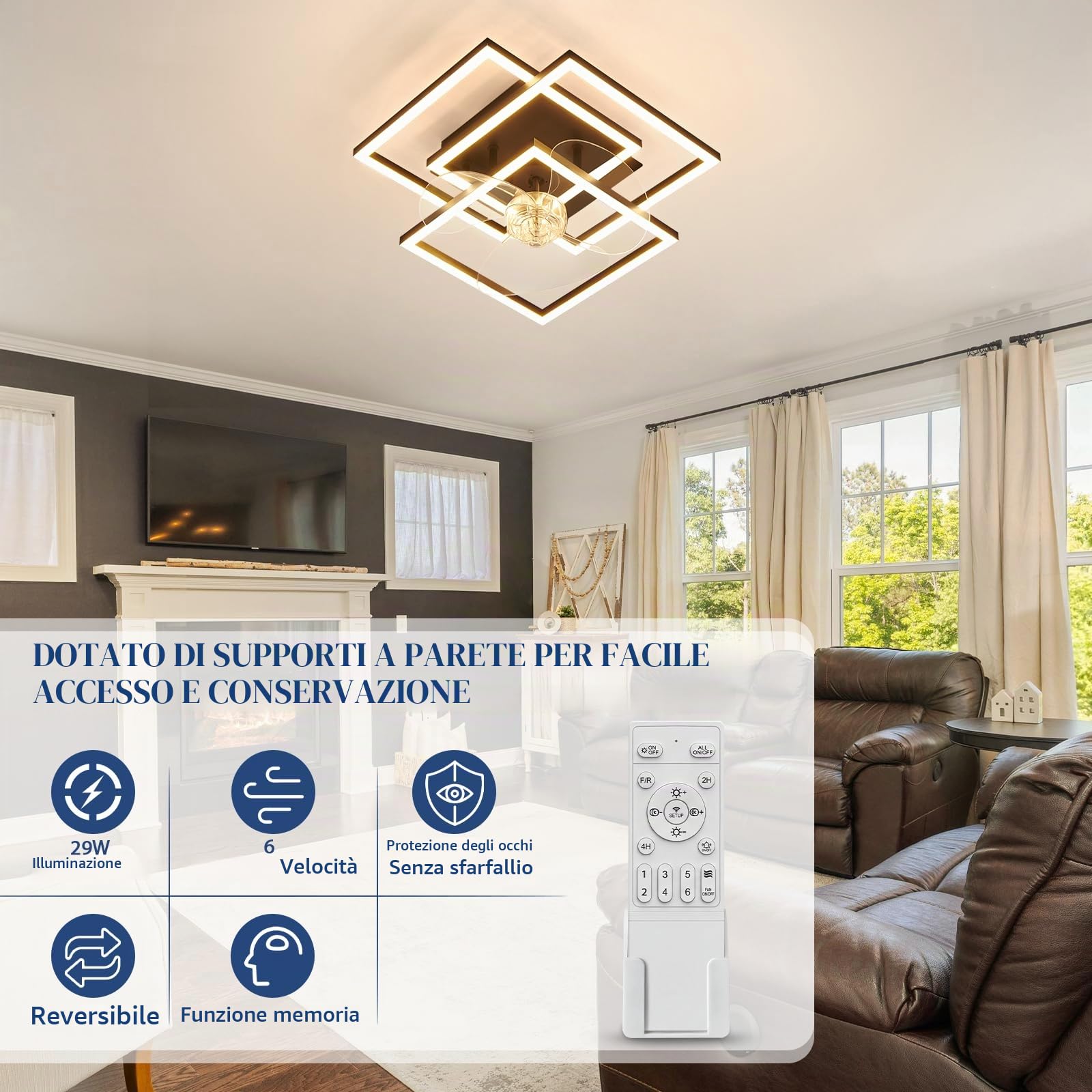 Homefire Ventilatore da soffitto con illuminazione silenzioso dimmerabile | Lampada da soffitto LED con ventilatore e telecomando 3000K-6500K 6 velocità moderno nero e timer per soggiorno e cucina