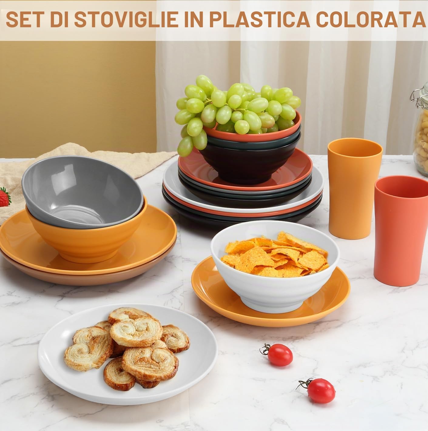 Bestdin Set di stoviglie da campeggio per 6 persone, 24 pezzi, infrangibili, piatti e bicchieri per picnic, feste, senza BPA, lavabile in lavastoviglie