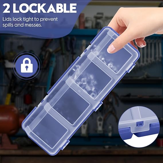 4 Pack Screw Organizer Box with Lids, 4 Compartments Tool Bin Stackable Sorting Screw Toolbox for Garage Nails Hardware Workbench Organizing Storage, Blue