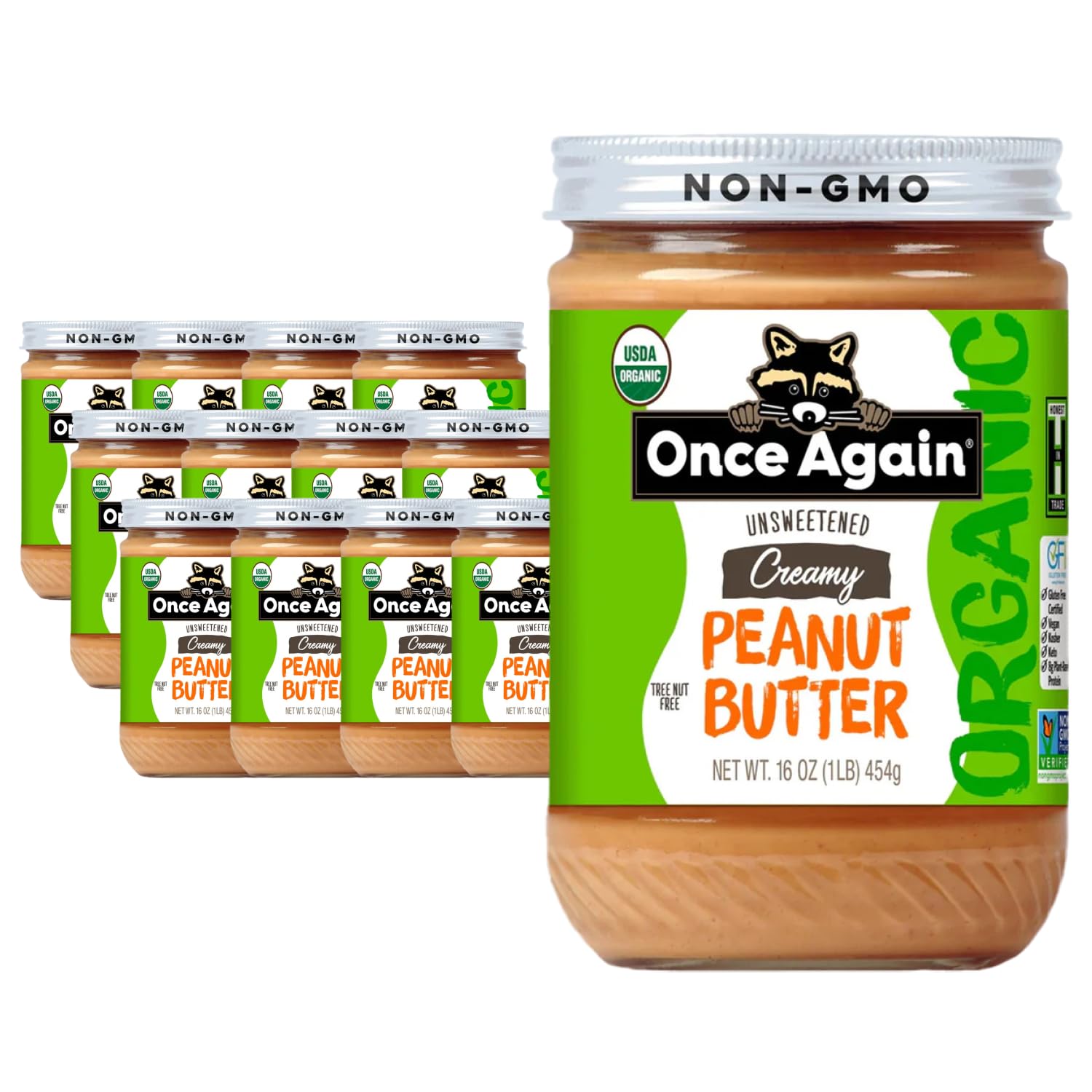 Once Again Organic Creamy Peanut Butter, 16oz - Lightly Salted, Unsweetened - USDA Organic, Gluten Free Certified, Vegan, Kosher - Glass Jar - Case of 12
