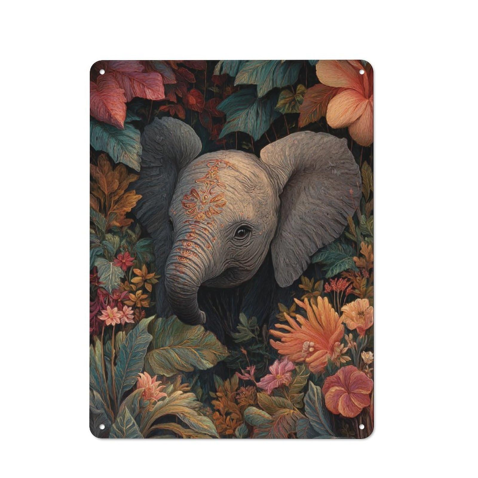 Industrial Metal Sign with Elephant in Bloom Design 40x30cm, Modern Retro Loft Wall Plaque for Workspace, Cafe, Hallway Or Garage
