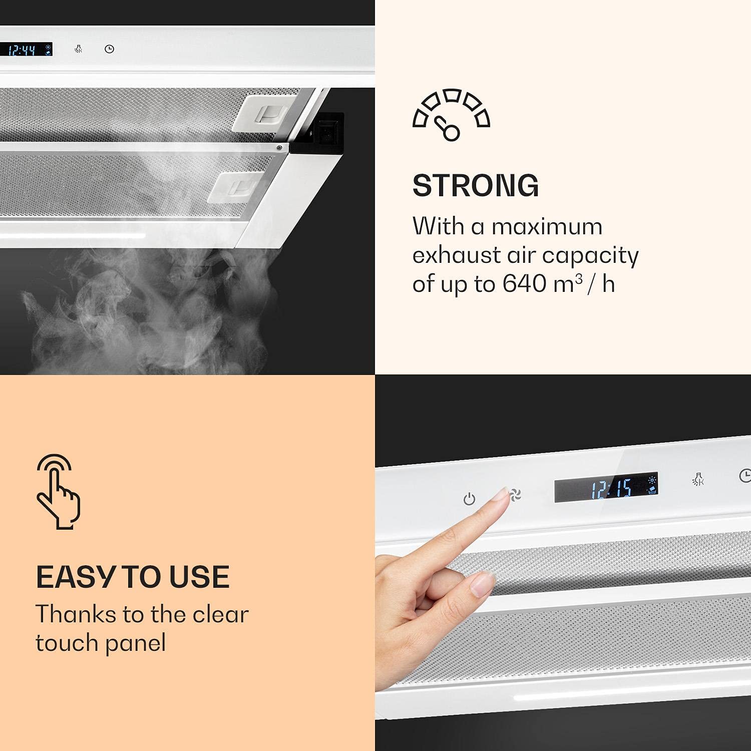 Klarstein Mariana Neo 60 Dunstabzugshaube 60 cm EEK A 640 m³/h Umluft Abluft LC-Display Timer Touch-Panel LED Flachschirmhaube Teleskophaube Unterbau-Dunstabzugshaube Glasfront weiß