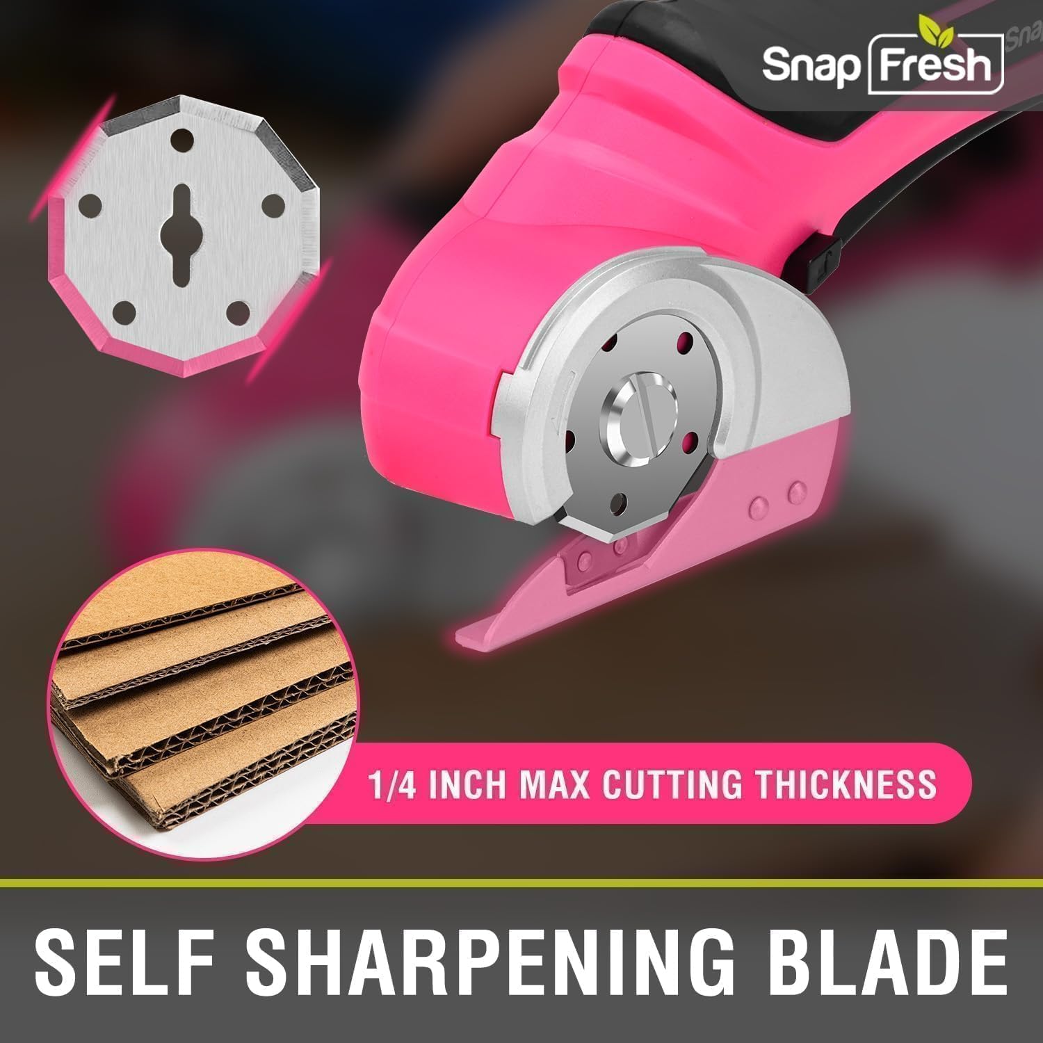 SnapFresh Cordless Electric Scissors, 4V Rechargeable Electric Box Cutter for Cardboard Boxes, Carpet & Paper, Rotary Cutter for DIY Projects, Safety Box Cutter with Battery & Type-C Cable (Hot Pink)