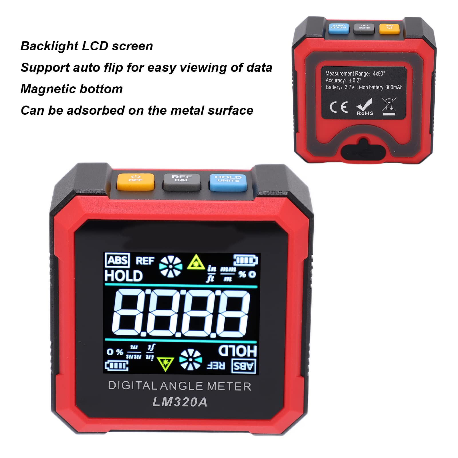 Goniometro Compatto Inclinometro Digitale LM320A con Base Magnetica per Ingegneria Edile e Lavorazione Meccanica ABS + Lega di Alluminio
