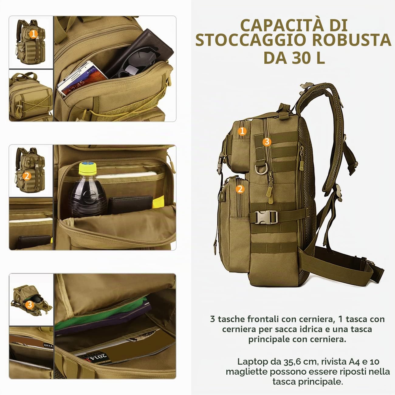 HUNTVP Zaino Militare 30L, Zaino Uomo Sportivo Tattico 30 Litri per Viaggio Trekking Ciclismo All'aperto Campeggio Escursionismo,Marrone