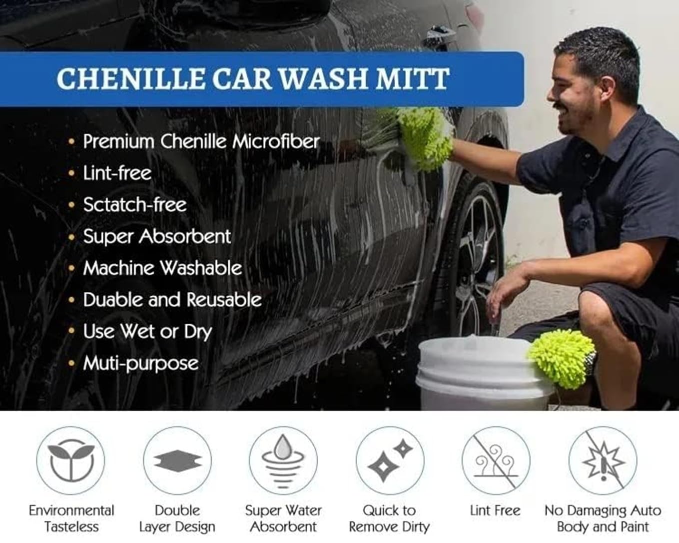 Magic Providers Microfiber Single Side Chenille Mitt Glove – Pack of 2 | Multi-Purpose Super Absorbent | Lint-Scratch Free Cleaning Dusting Home | Kitchen | Window | Car Wash | Office – Multicolor 1