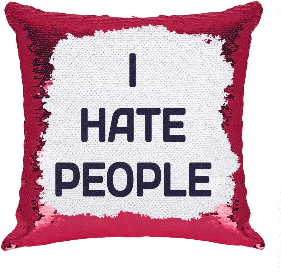 Personalized I Hate People Sequin Pillow, Hiding Text Cushion Cover, Cheap Gift for Mens Womens Son Daughter Birthday Holiday Party (Red)